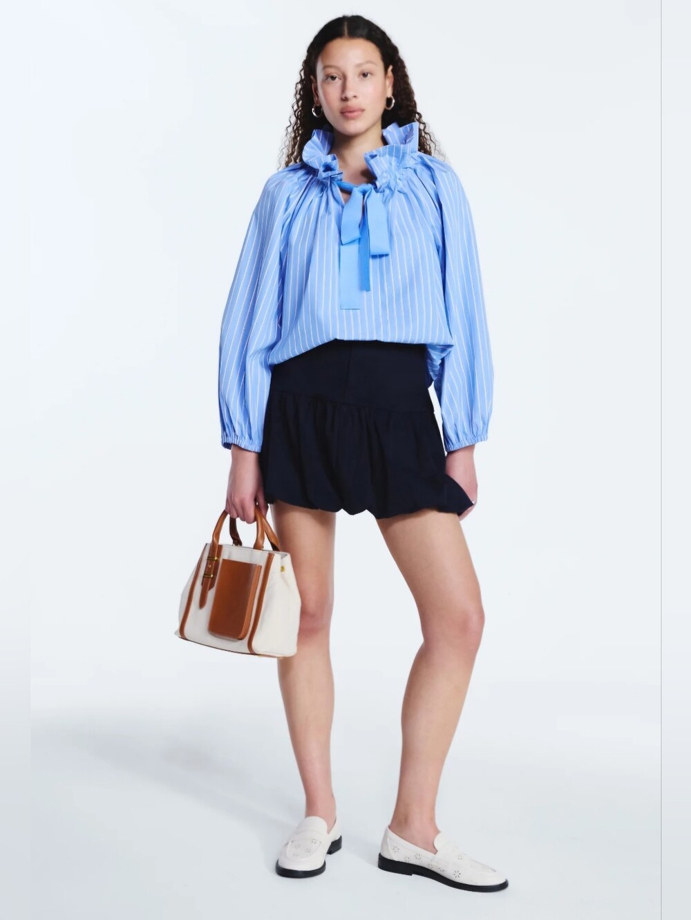 Free Assembly Women's Ruffle Tie Neck Cotton Blouse Blue Stripe XXL(20) NWT - Picture 3 of 7